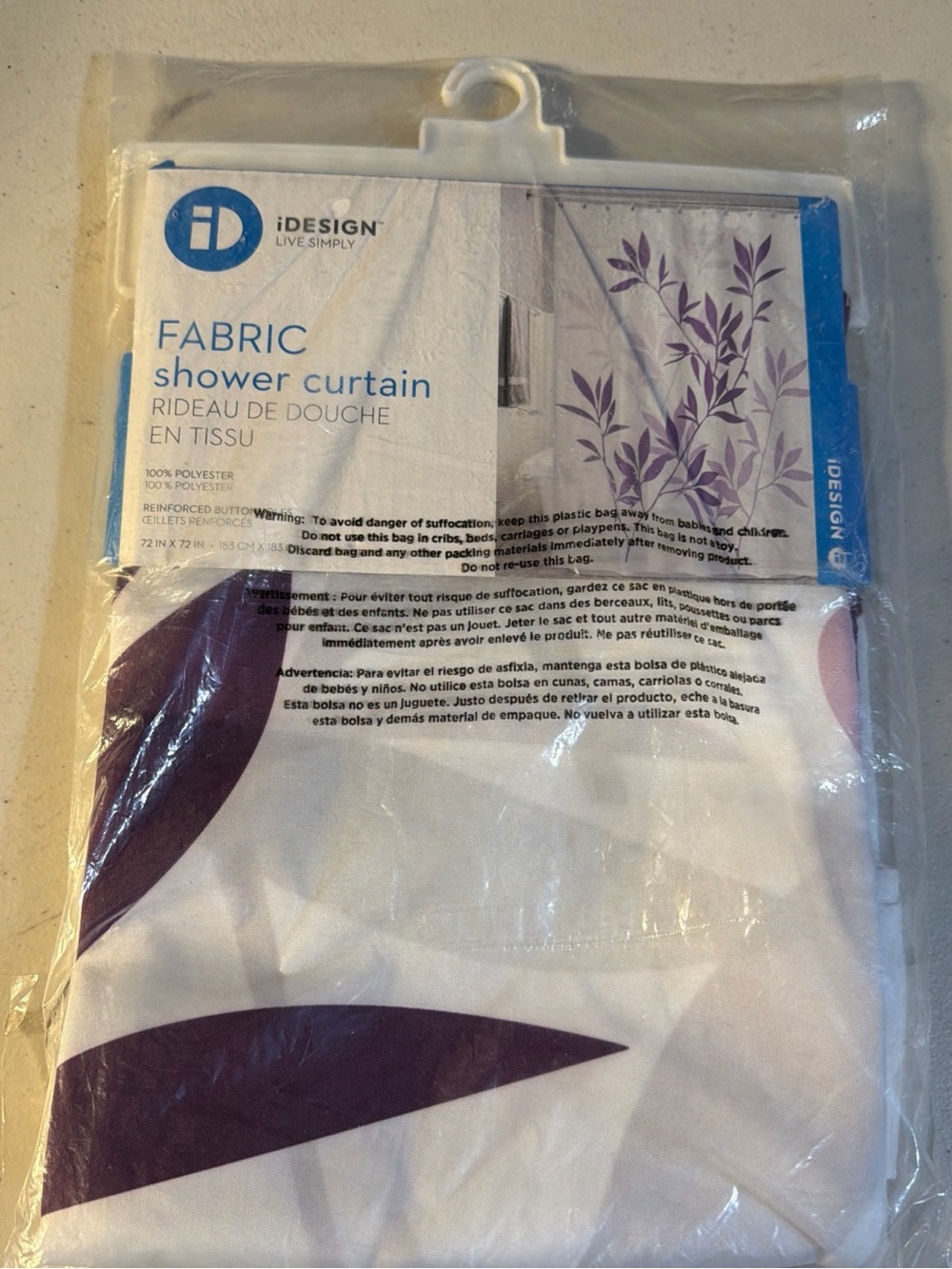iDesign Purple Leaf Fabric Shower Curtain
